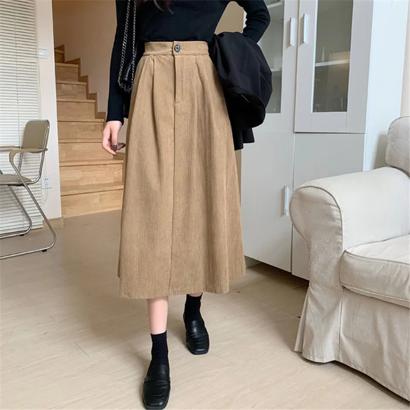 

Korean style midi skirts 2021 new lady corduroy high waist mid-length elastic waist A-line long skirt for young women BSQ071