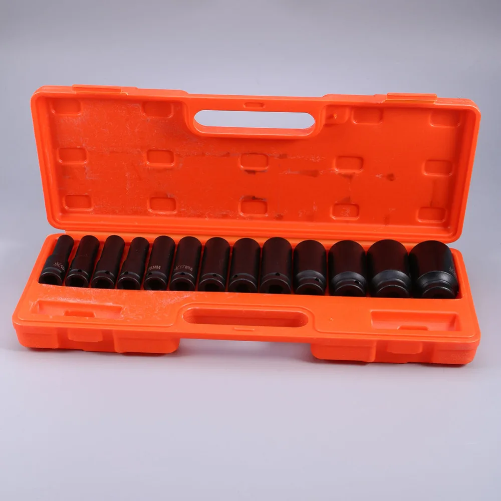 

13pcs Car Tire Protection Sleeves Wall Deep Impact Nut Steel Wheel Socket Car Sleeve Hand Tool Kit (Black)