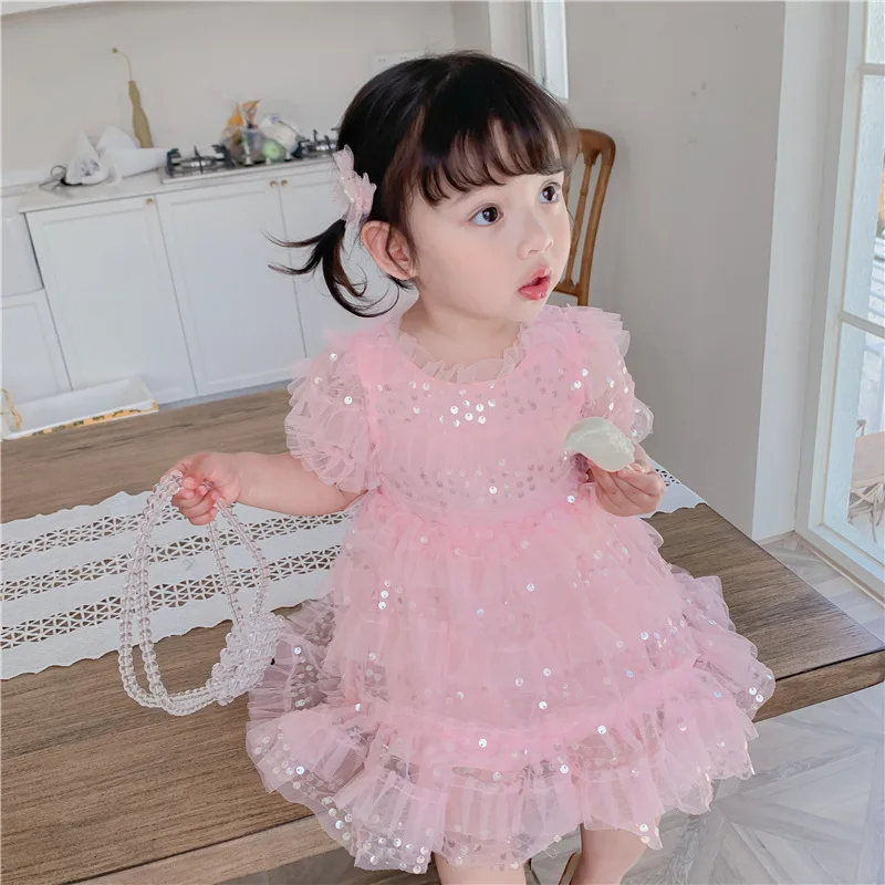 Girls Dresses 2020 Summer New Sequined Mesh Splicing Princess Girl Baby Korean Version of The Cake Dress Style | Детская одежда и