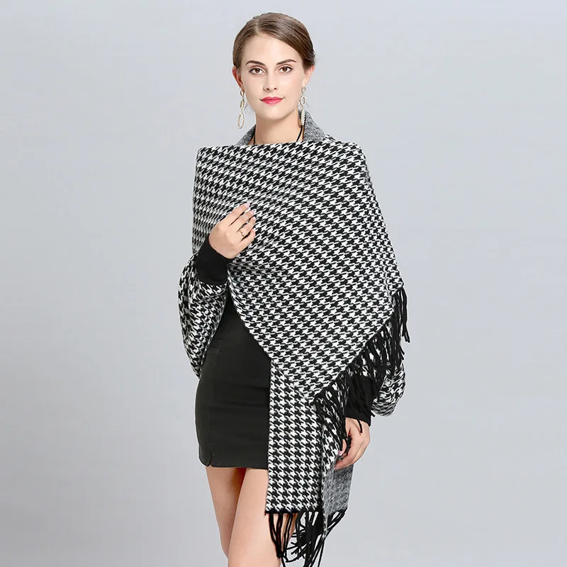 Высокое качество имитация кашемира женский плед пончо с кисточкой элегантный