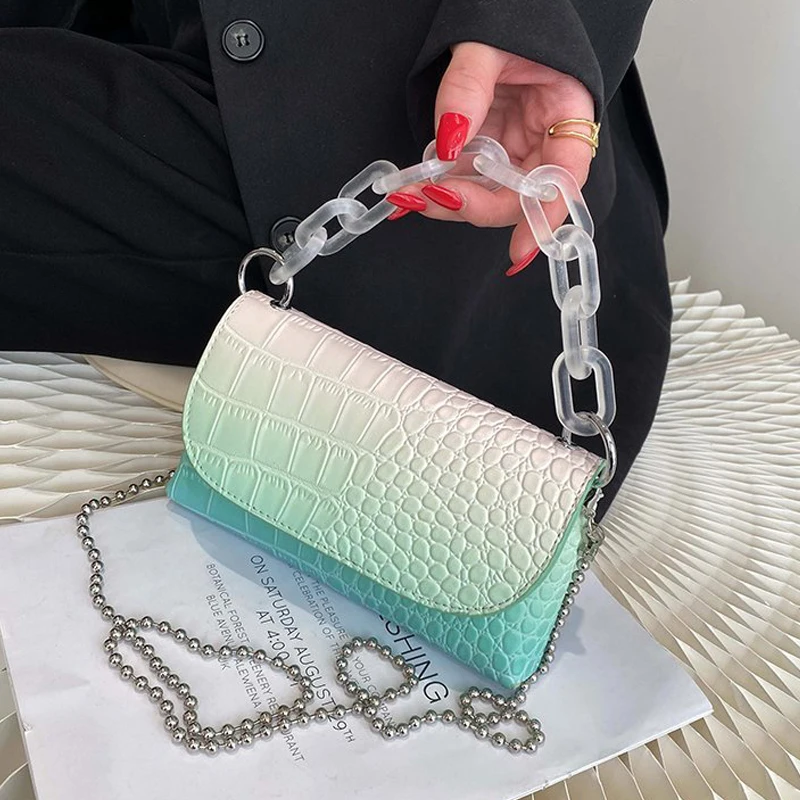 

Мини-Сумки из искусственной кожи с акриловой цепочкой и каменным узором для женщин 2021 Женские Простые сумки на плечо роскошные Брендовые ве...