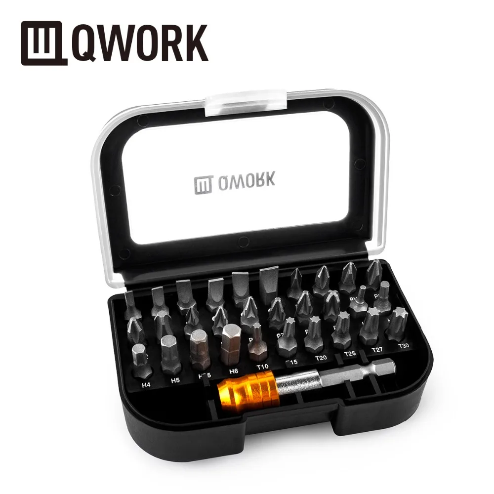 QWORK Набор отверток 31 шт.(30 наиболее часто используемых отверток бит+ 1 быстросъемный шестигранный патрон удлинитель адаптера