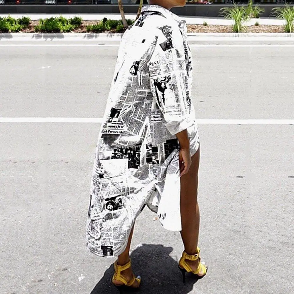 Мода Газета печати рубашка с длинными рукавами платье женское отложным