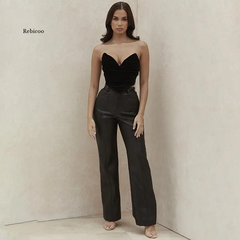 

Women Solid Color Faux Leather Pants Trousers Reteo High Waist Straight Pants Long Trousers Women Loose Straight Long Pants