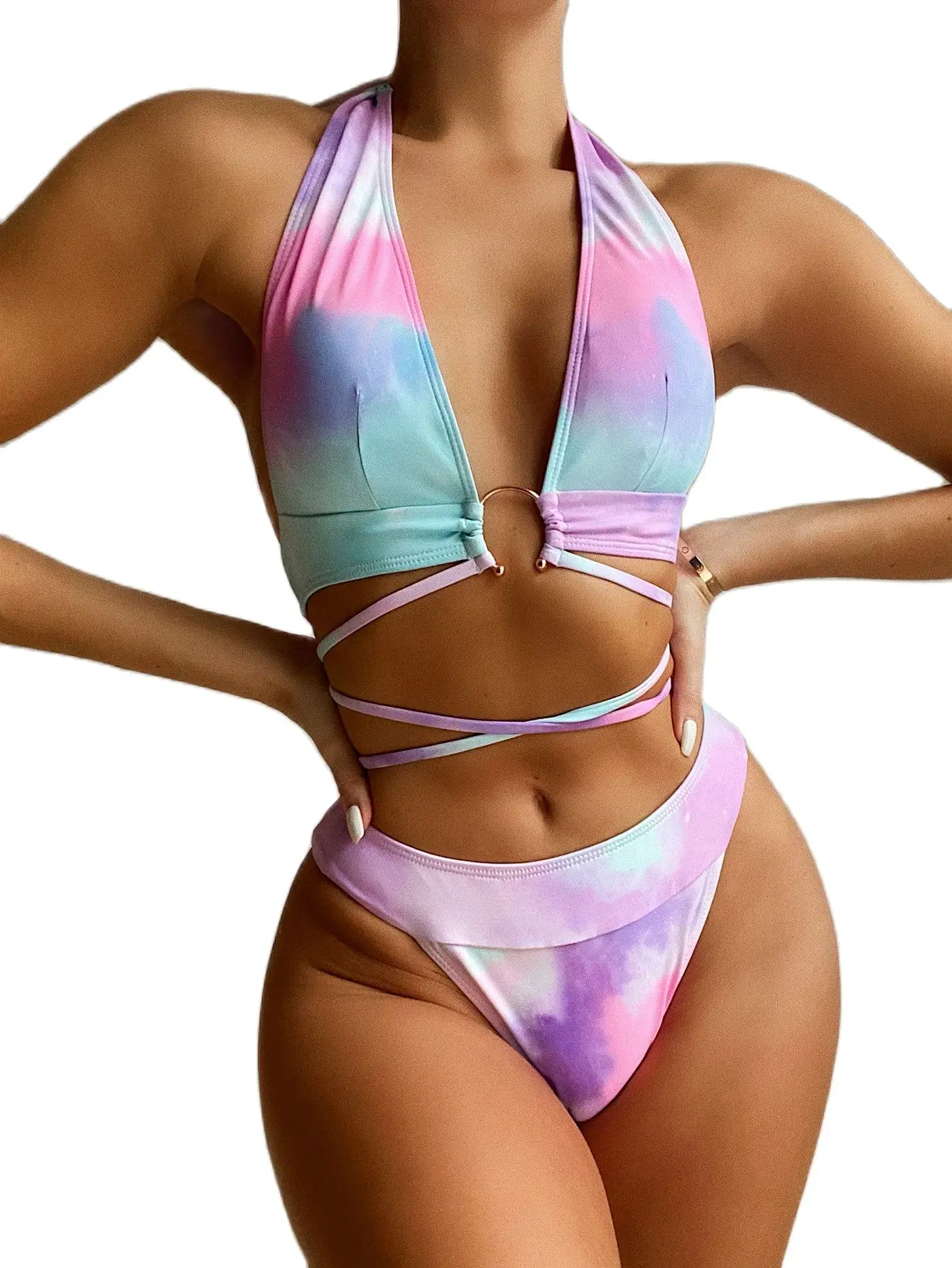 

New Tie Dye Print Sexy Halter Women Bikini Swimwear Female Bandage Swimsuit Two Piece Bikini Set