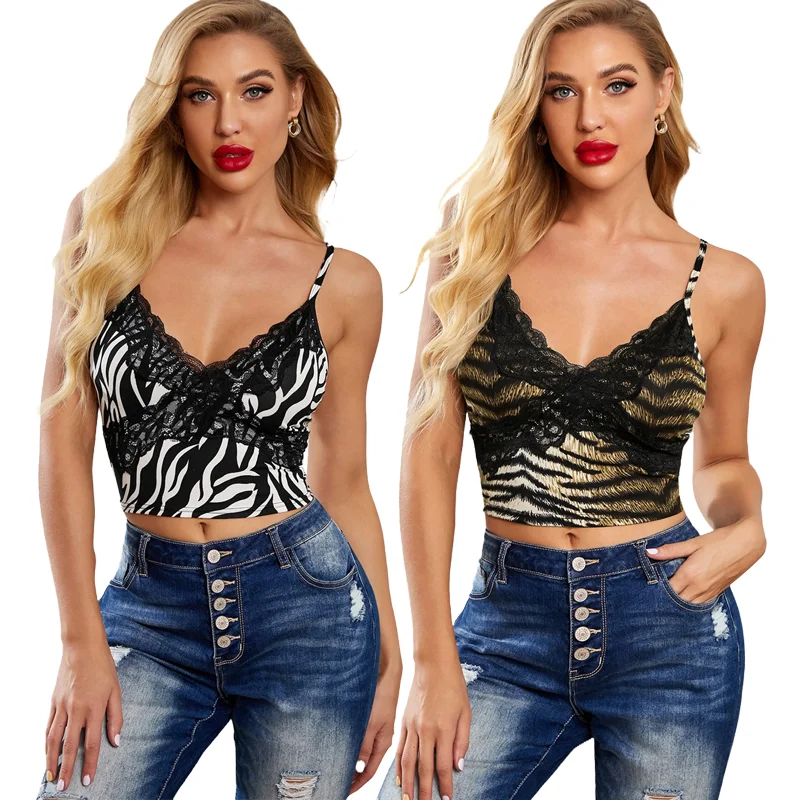 

Lace Camisole Tank Top Women Animal Print Sexy V Neck Spaghetti Strap Top Crop