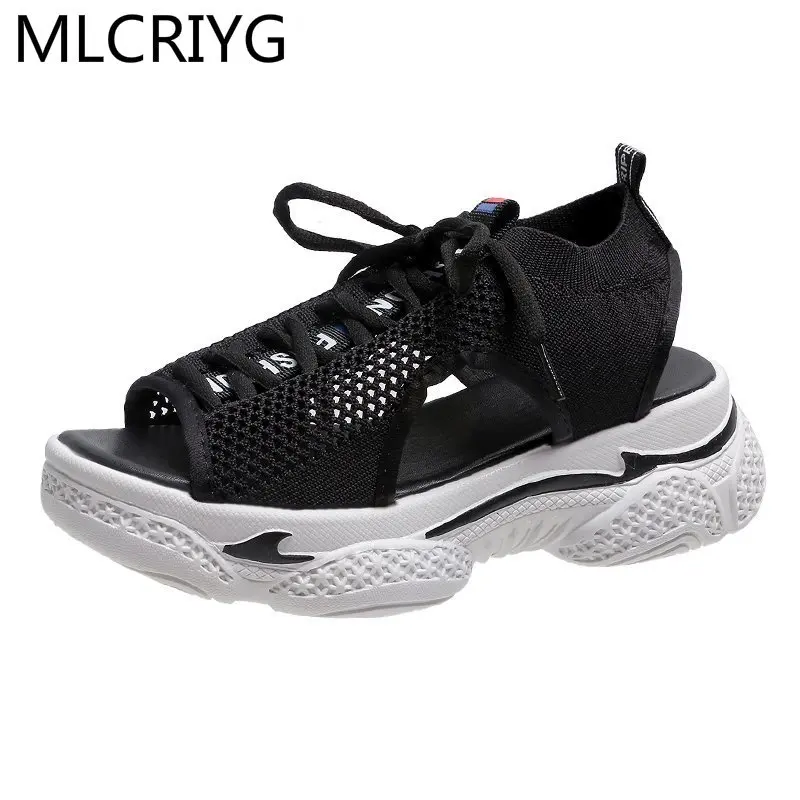 

2021 New Fashion Women's Shoes Mesh Platform Sandals Summer Comfortable Women's Sandals Open Toe Solid Color Lace-up Beach Shoes