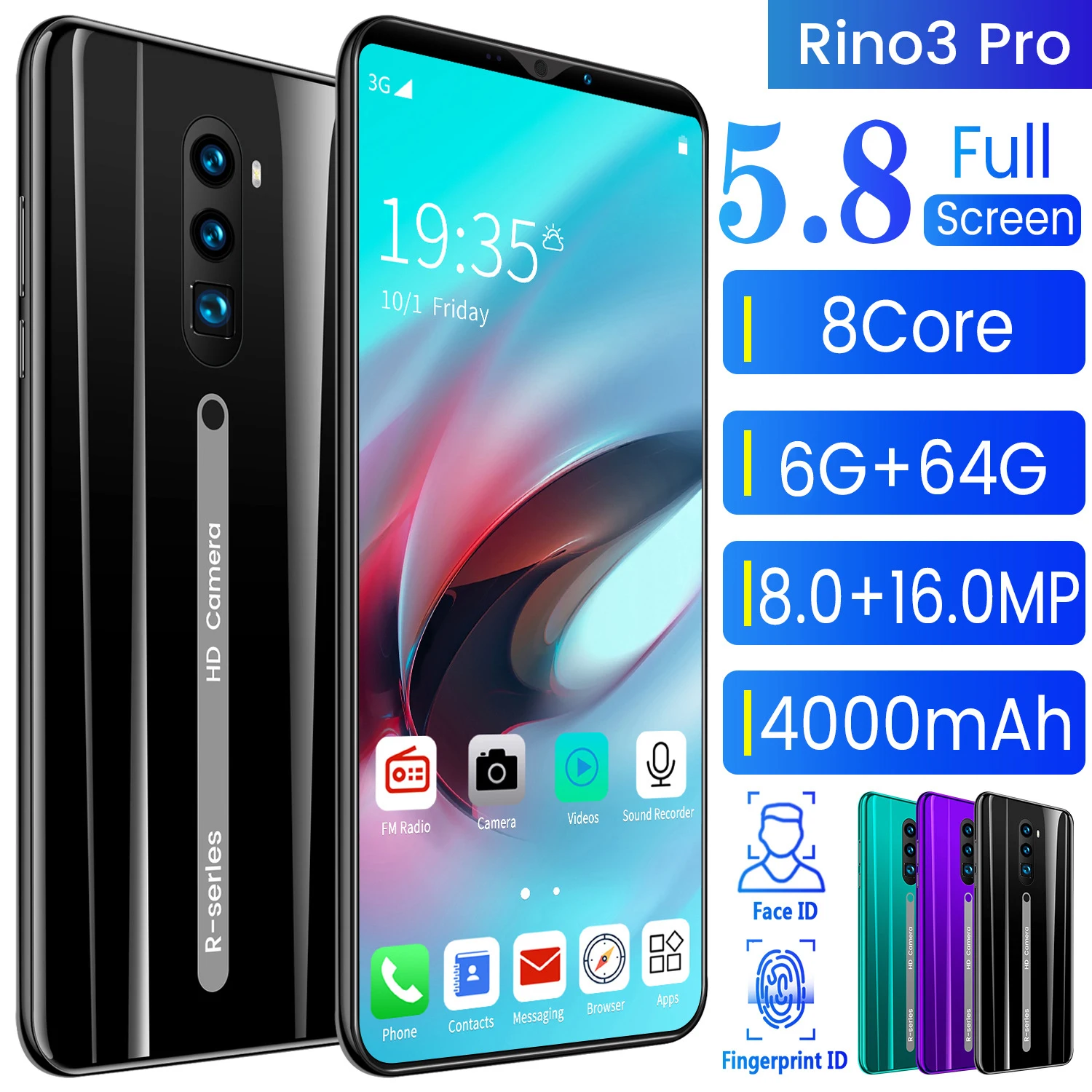 

Rino3 Pro 5.8inch Smartphone 6GB+64GB 8+16MP Full Screen 8Core 4000mAh Dual SIM 4G LTE 5G Android9.1 Network Mobile Phone