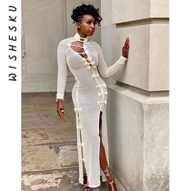 

Sexy Women Long Sleeve Kaftan Mesh See-through Bikini Cover Ups 2021 New Summer Cut Out Single Breasted Beach Dress