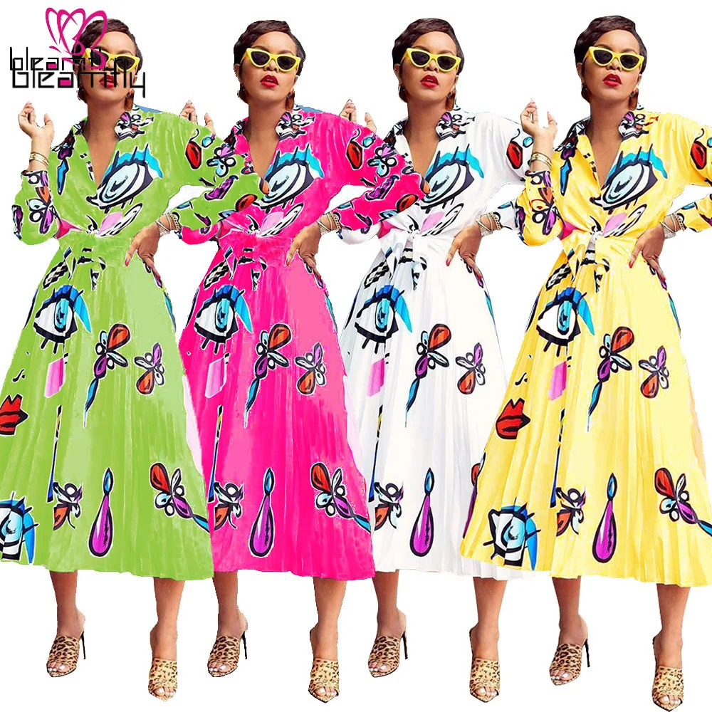 2019 женские летние блузки с длинным рукавом и мультяшным принтом плиссированные