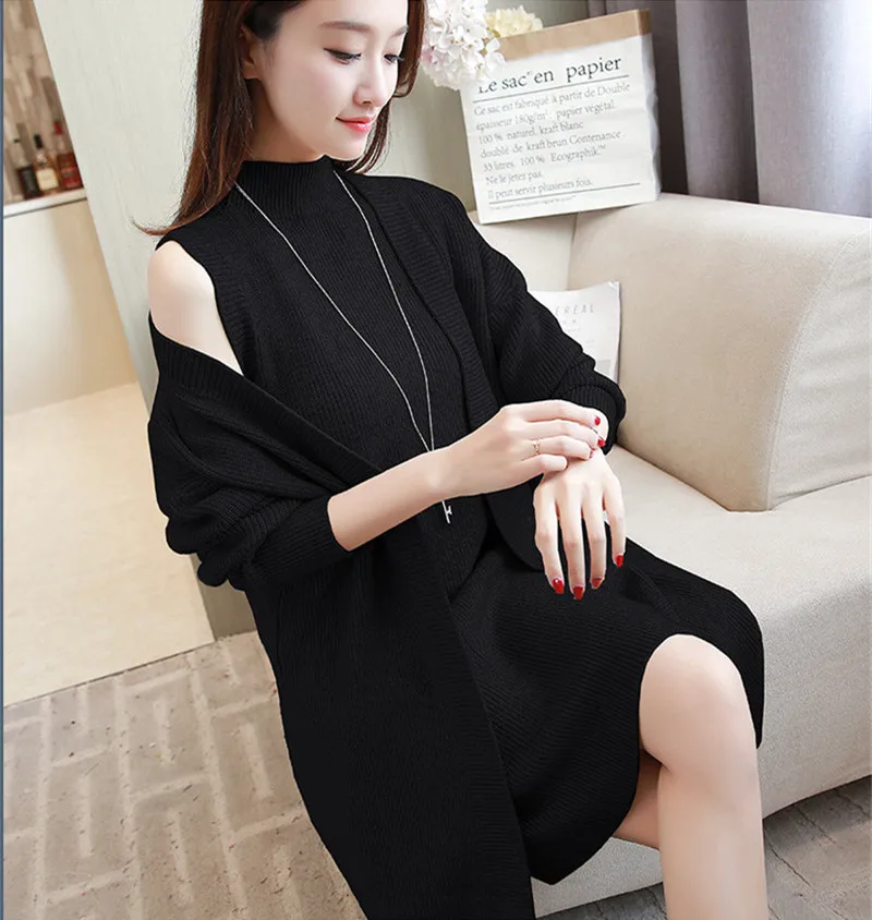 

New 2020 Women Sweater Knitted Dress Loose Female Cardigan Black Set Autumn Winter Casual Slim Women's Sweaters