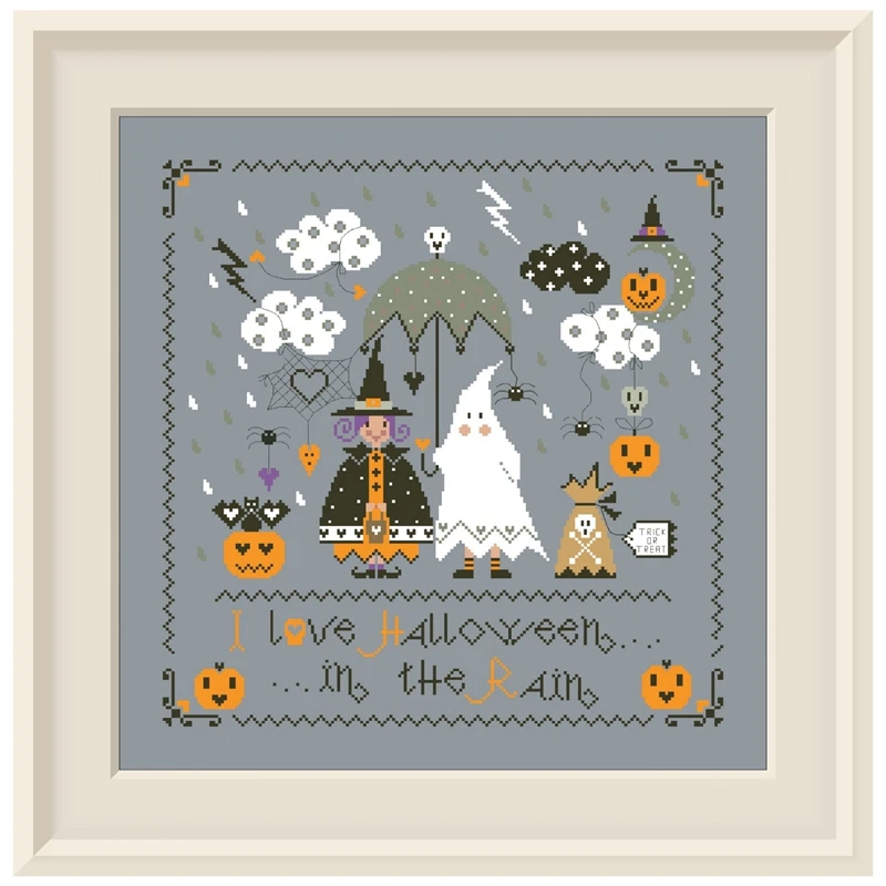 

Halloween in the rain Cross-stitch embroidery sets design 18ct 14ct 11ct deep gray unprint canvas embroider DIY needlework