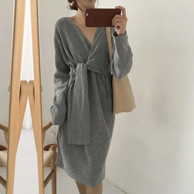 Платье-Свитер женское трикотажное с V-образным вырезом | Женская одежда
