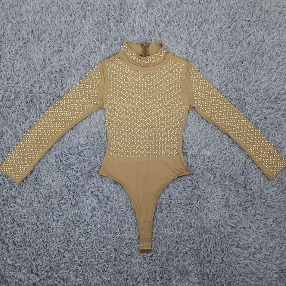 

Free Shipping Heavy Industry Beaded Bodysuits Top 2021 New Women's Elegant Stand Collar Long Sleeve Pantsless One-piece Top