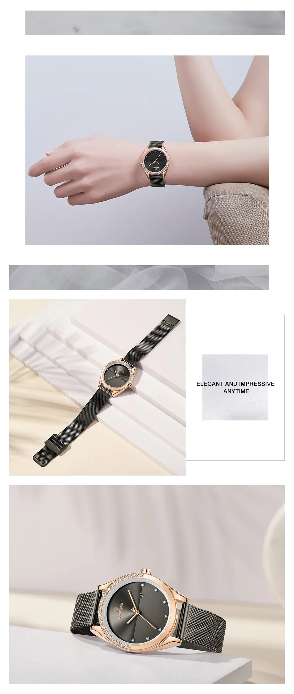 Часы наручные NAVIFORCE женские черные брендовые Роскошные с сетчатым браслетом из