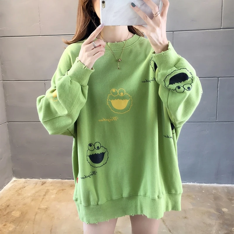 

Women Spring Autumn Long Sleeves Round Neck Sweatshirt Solid Color Cartoon Print Casual Pullover Mid-length Loose Tops Jumper