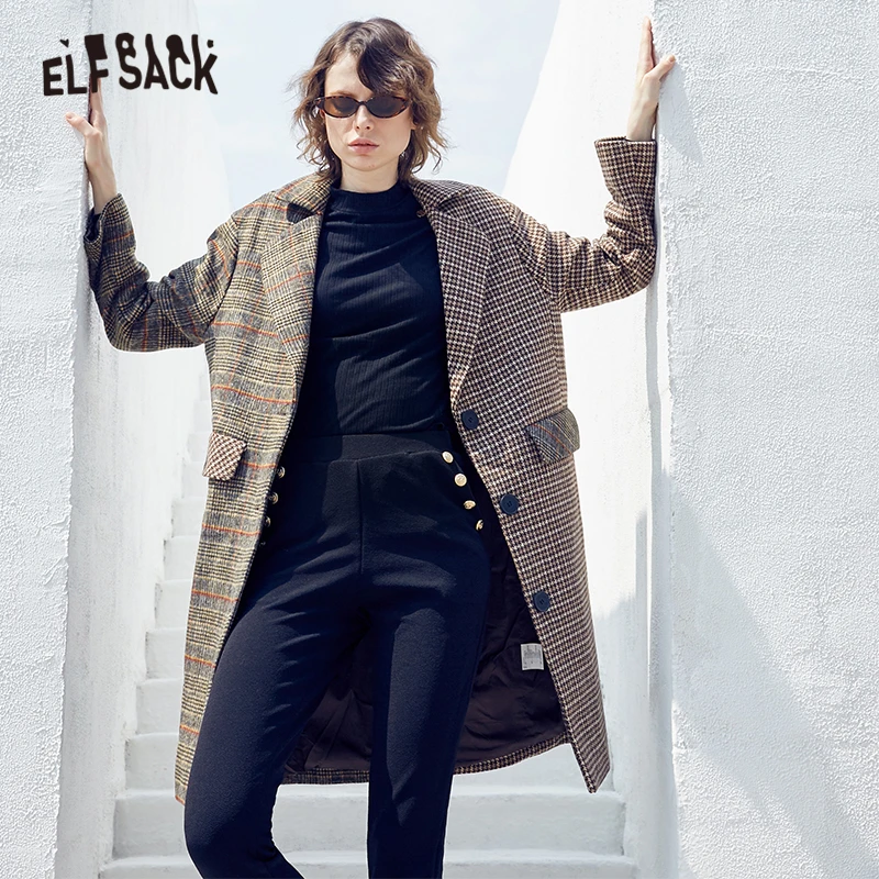 Женское клетчатое пальто ELFSACK винтажное повседневное с отложным воротником в