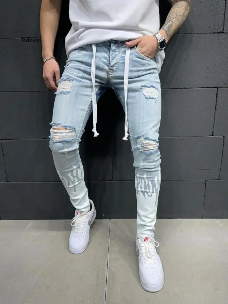 European and American Summer Men's Self-Cultivation Ripped Jeans with Printed Flame Fashion Personality Denim Tethered Jeans