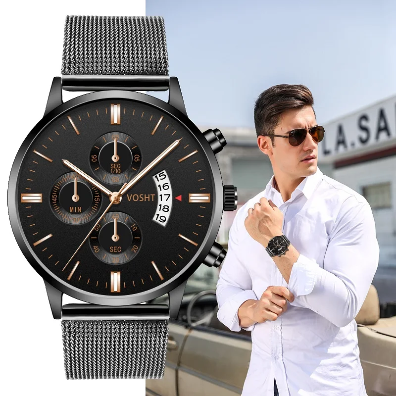 Часы мужские модные 2019 ультратонкие с календарем из нержавеющей стали