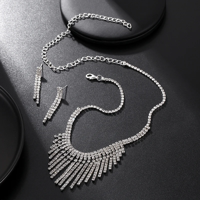 Classic Flash CZ Stone Jewerly Set Multi-layer Tassel Design Silver Color Necklace&ampEarring For Women Wedding Party Sets 2020 New |