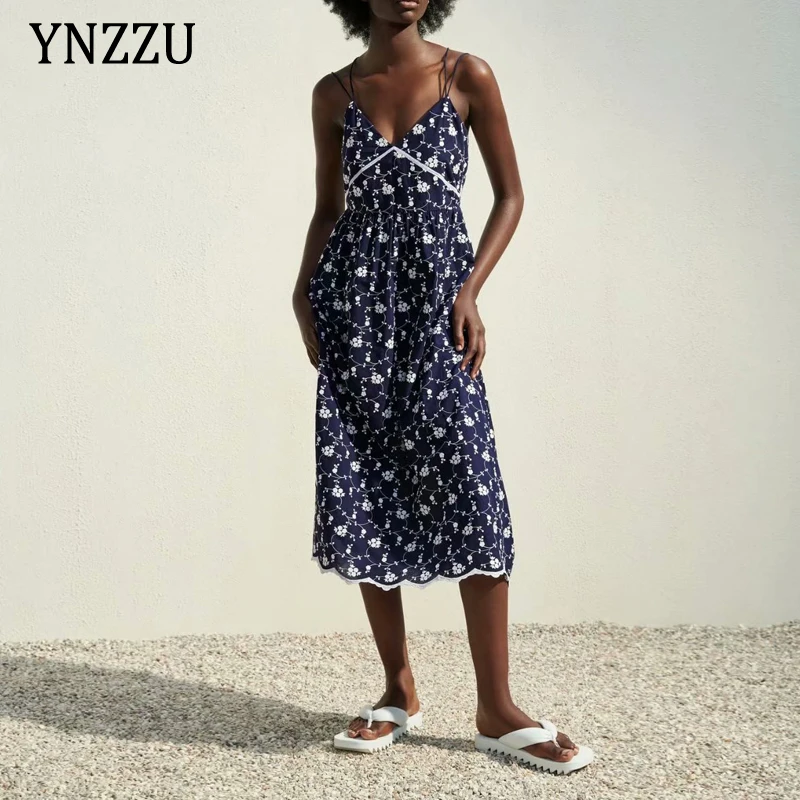 

Elegant Woman Embroidery Floral V-neck Dress Female Sexy Stylish Spaghetti Strap Midi Dress 2021 Summer Vestidos YNZZU 1D080
