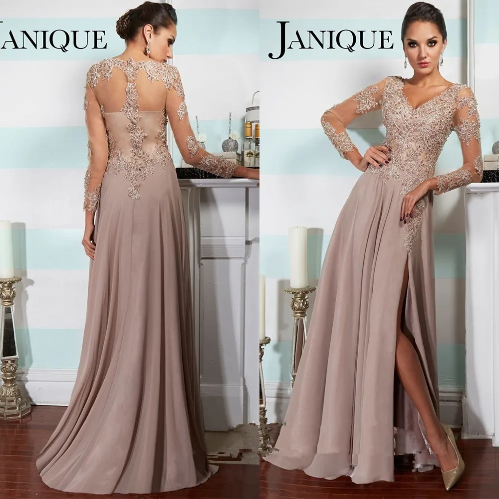 

Elegant Long Sleeve Summer Women evening gown 2018 Lace Prom Beaded Split V Neck Vestido de Gala mother of the bride dresses