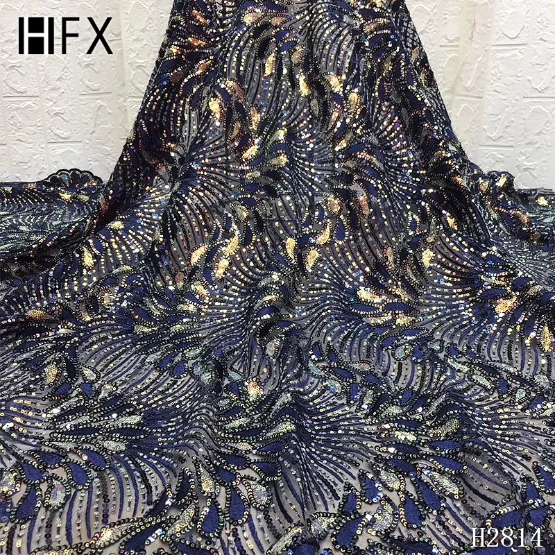 HFX нигерийская кружевная ткань с блестками, блестящая золотая кружевная ткань, африканская кружевная ткань с блестками для вечернего платья F2814