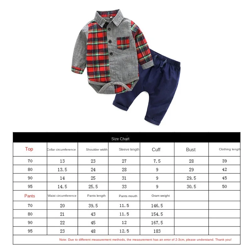 

Baby spring & autumn suit Contrasting color long-sleeved top + blue corduroy trousers two-piece suit Baby boy triangle romper