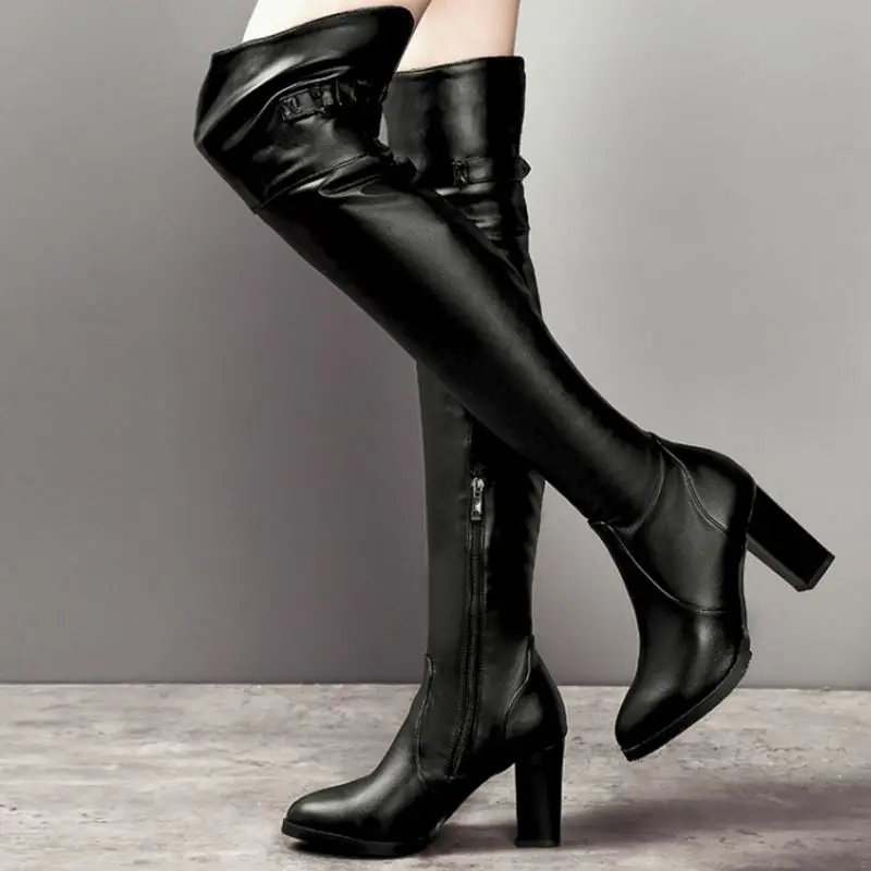Женские ботфорты на высоком каблуке Taoffen черные классические высокие сапоги