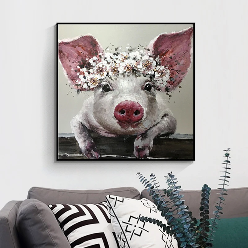 Картина на холсте в скандинавском стиле с изображением милой свиньи животных