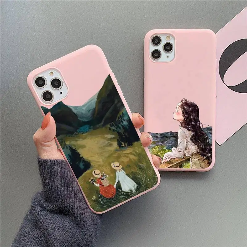 

Cartoon Scenery Girl Phone Case For iphone 13 12 11 Pro Max Mini XS 8 7 6 6S Plus X SE 2020 XR Matte Candy Pink Silicone cover