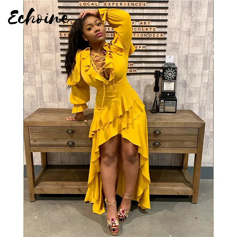 Каскадные оборки сексуальное асимметричное Бандажное платье женское кружевное