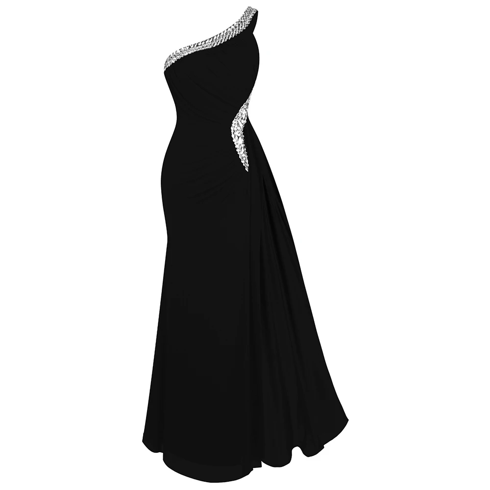 Женское дл.веч.платье, с бисером, Angel-Fashions, синее длинное вечернее платье с одним открытым плечом и разрезами, расшитое бисером, модель 075 411