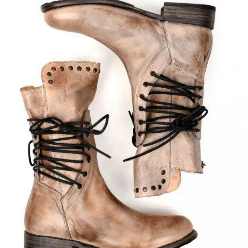 New Retro Woman Shoes Pu Leather Winter Boots Women Fashion Vintage Rivets Round Toe Lace-Up Mid-calf Zipper Boots 43
