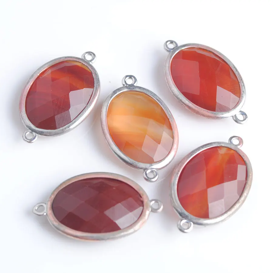 

WOJIAER Silver-color Double Hole Oval Faceted Natural Stone Gem Red Agates Beads for DIY Connector Handcrafted Jewelry PZ9050