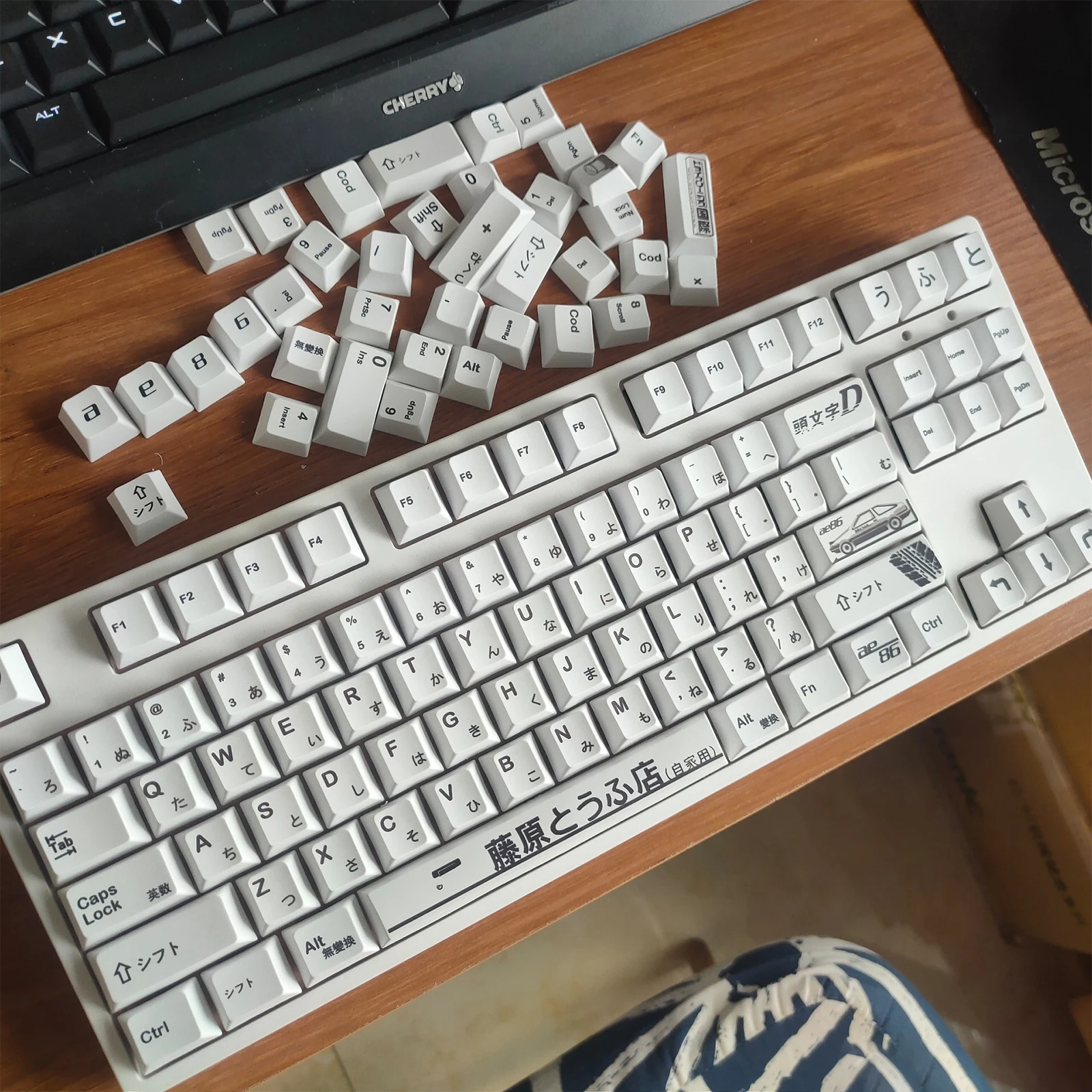 Keycap Set for Mechanical Keyboard,Initial D Theme with Hiragana and AE86 Elements,126 Keys,PBT,Cherry Profile,Dye Sublimation