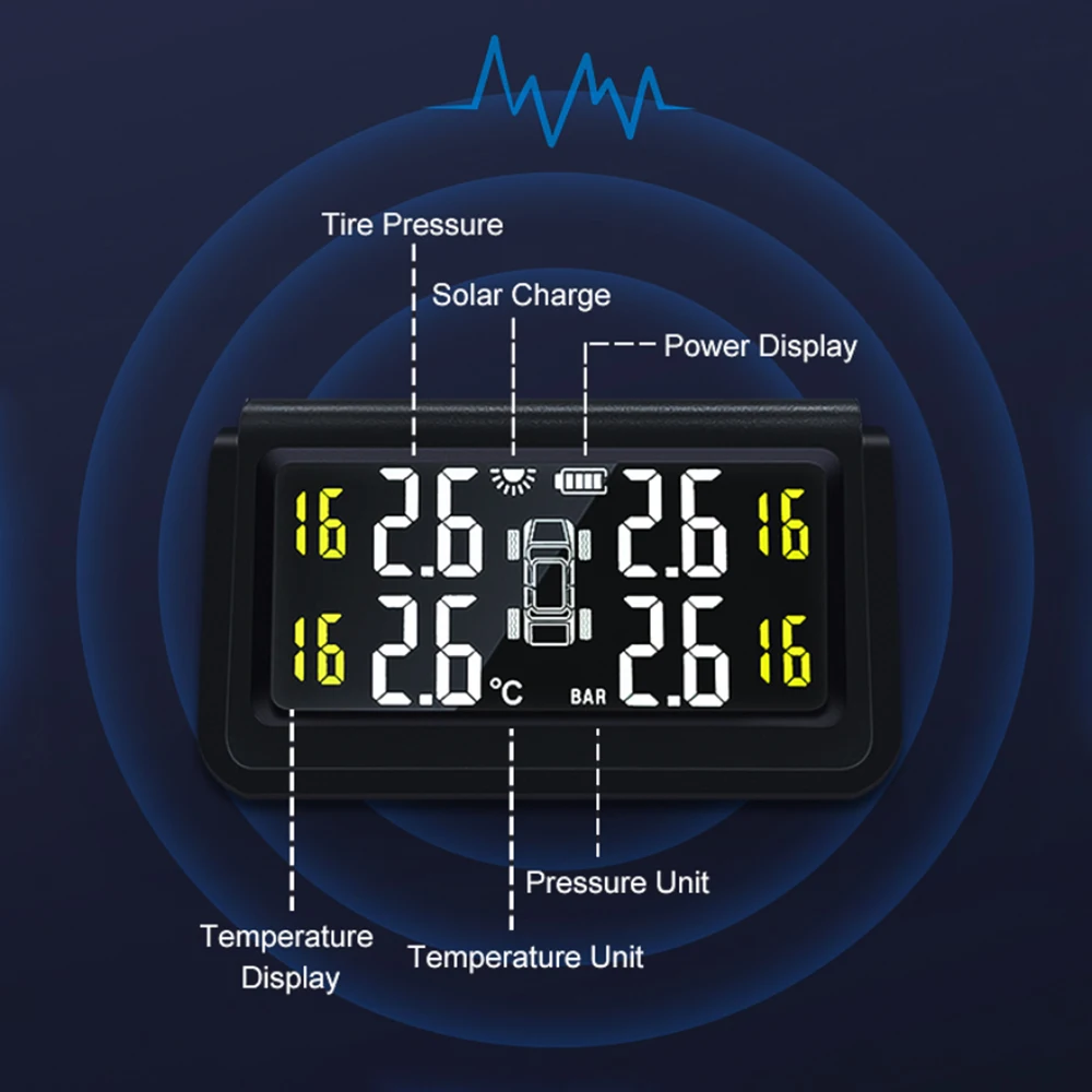 

Tire Pressure Monitoring Smart Car TPMS System Solar Power Digital LCD Display USB Auto Security Alarm Tire Pressure Sensor New