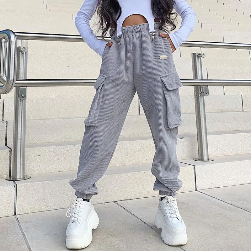 

Женские вельветовые комбинезоны с высокой талией и надписью, повседневные брюки-карго с карманами, свободные женские спортивные штаны, Осе...