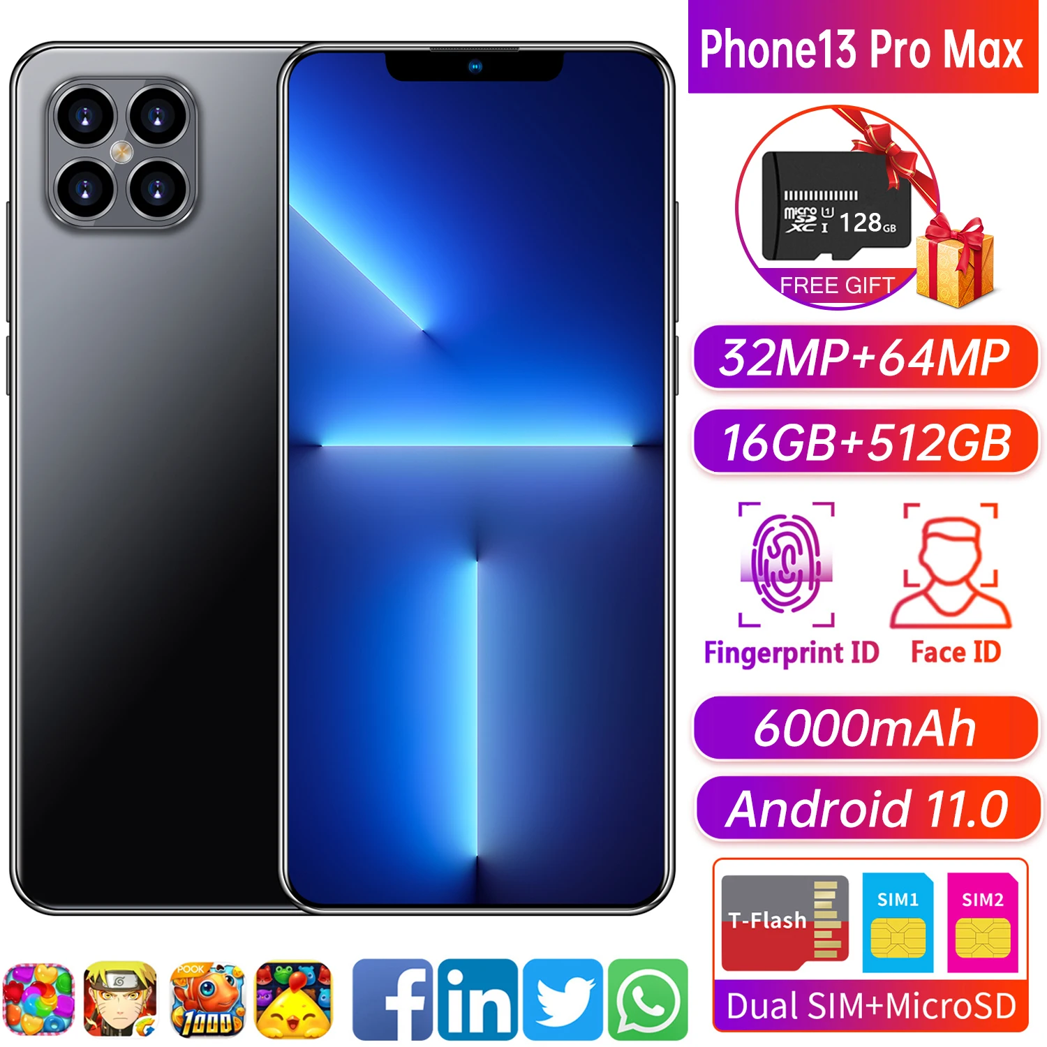 

Смартфон IPhone 13 Pro MAX, 16 + 256 ГБ, 6,7 дюйма, две SIM-карты, двойной режим ожидания