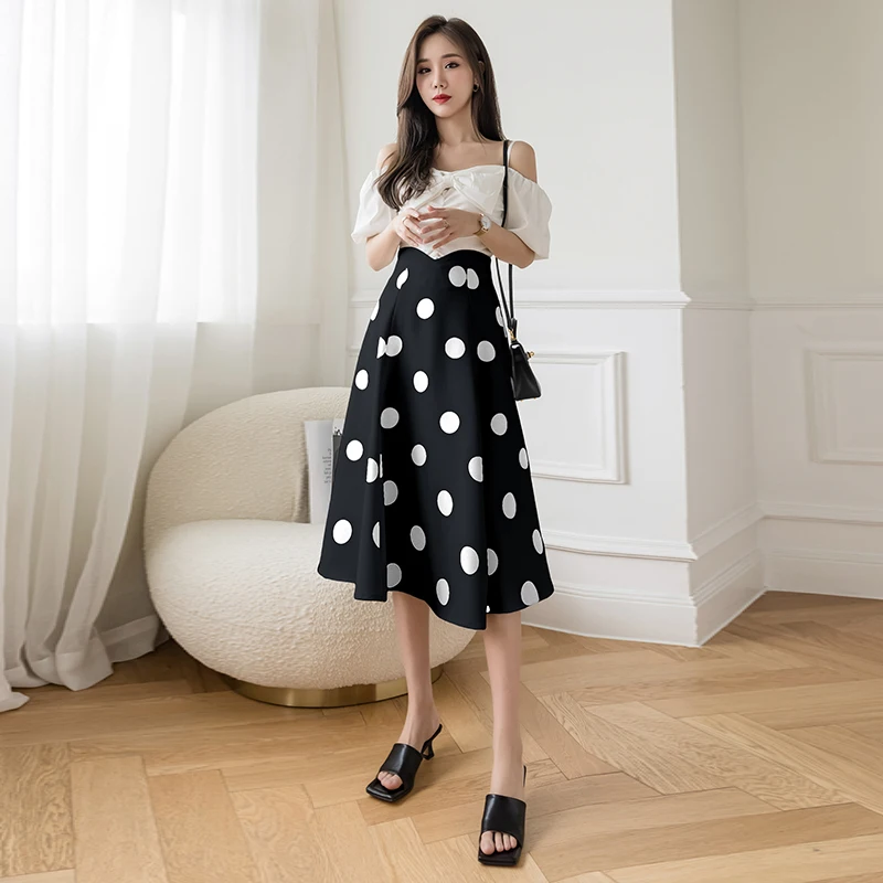 

2021 Fashion Spring Summer Polka Dot Skirt for Women High Waist Elegant Vintage Midi Skirts Ladies Big Hem Faldas Largas Mujer