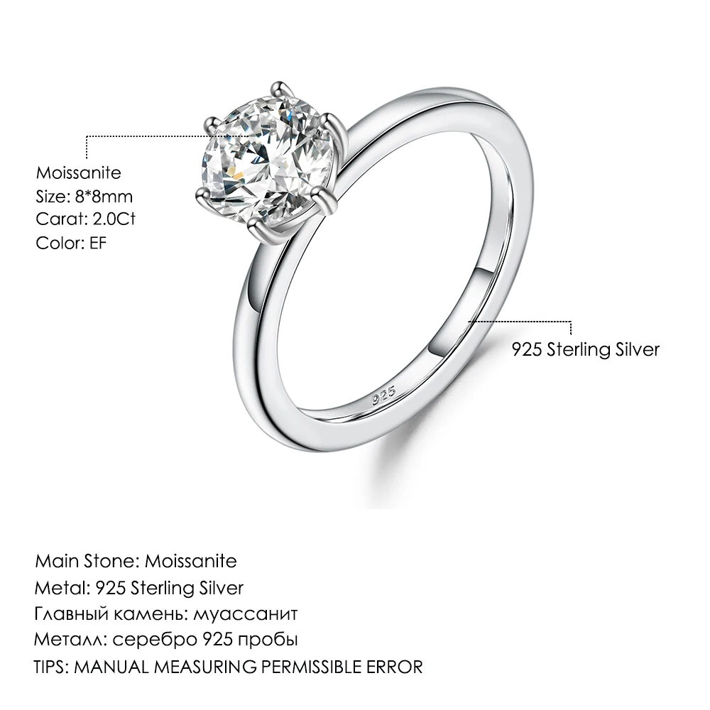 

GEM'S BALLET 2.0Ct 8mm EF Color 6 Prong Moissanite Ring 925 Sterling Silve Art Deco Stacking Solitaire Bridal Rings Set Jewelry