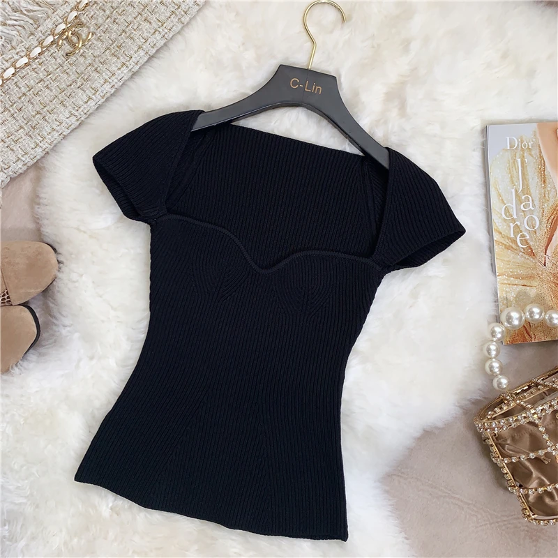 Женский трикотажный пуловер с коротким рукавом DEAT облегающая короткая футболка