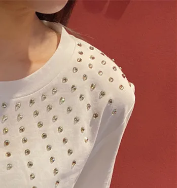 

Women O-Neck T-Shirt Cotton Short Sleeve Neckline Rhinestone Loose Ladies Summer 2021 Tee Tops