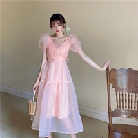 summer soft japanese lovely girl cute bow knot dresses women fresh puff sleeve v neck princess pink gauze tulle long vestidos