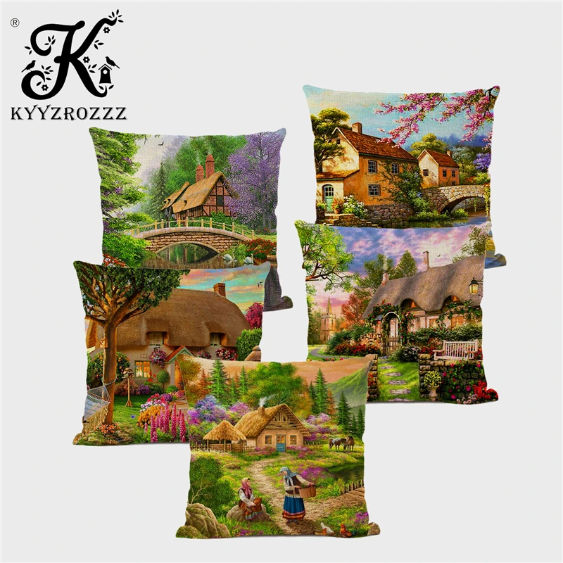 Картина маслом американский кантри пейзаж Птица Цветок Наволочка Ретро