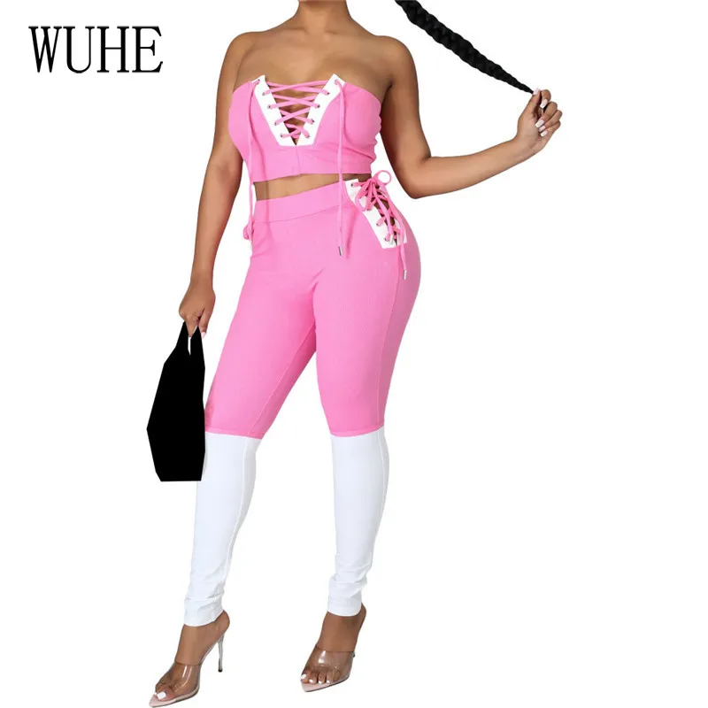 

WUHE Casual Tracksuits Suits Patchwork Color Contrast Sleeveless Off Shoulder Cross Lace Up Bandage Top+Skinny Pencil Pants Sets