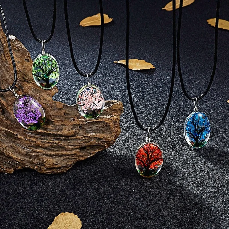 

Fashion Handmade Dried Flower Glass Charms Pendant Necklace Personality Real Dry Flower Chain Necklace for Women Girls Jewelry