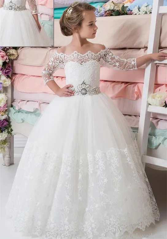 

Princess Flower Girls Dresses Ivory Bateau Neck Beaded Sash Lace Half Sleeves Pageant Gowns Long Floor Tulle Communion Dress