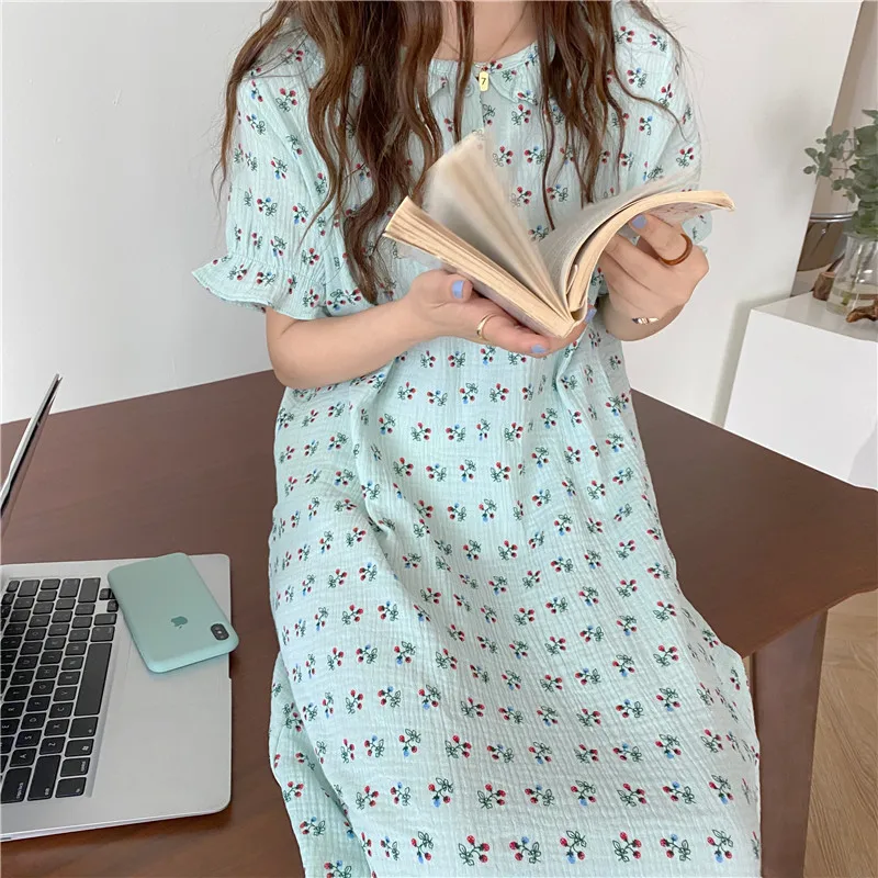 

Harajpee Nightgowns Korean Summer New Comfort Cute Little Cherry Printing Pajamas Women Short Sleeve Ruffles Home Wear Dress