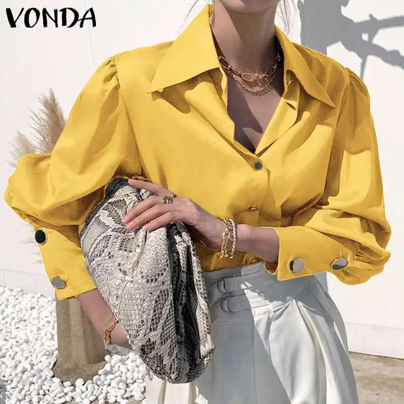 

2021 осенние Рубашки VONDA женские большие Сатиновые блузки с пышными рукавами с длинным рукавом Повседневные топы на пуговицах с лацканами эле...